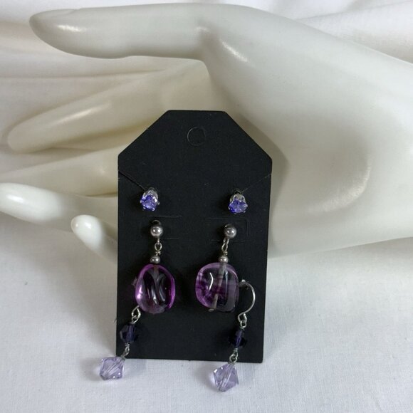 3 Pairs Purple Earrings Lot: Gemstone Bead, Crystal, Stud - Picture 2 of 5
